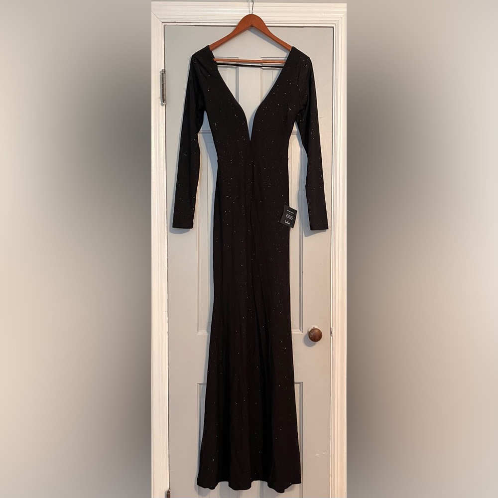 Lulus Glamorous In Glitter Black Long Sleeve Backless Gown - Size M - Picture 2 of 5